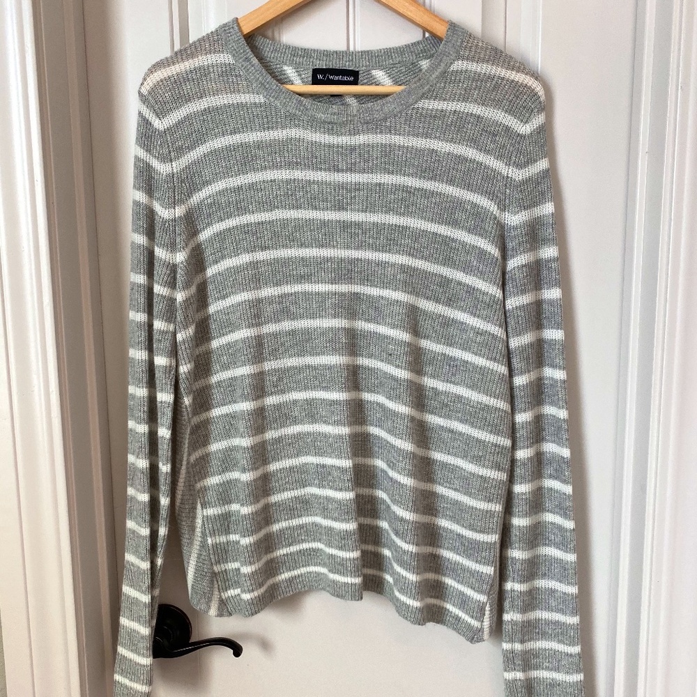 Gray and White Striped Open Back Sweater